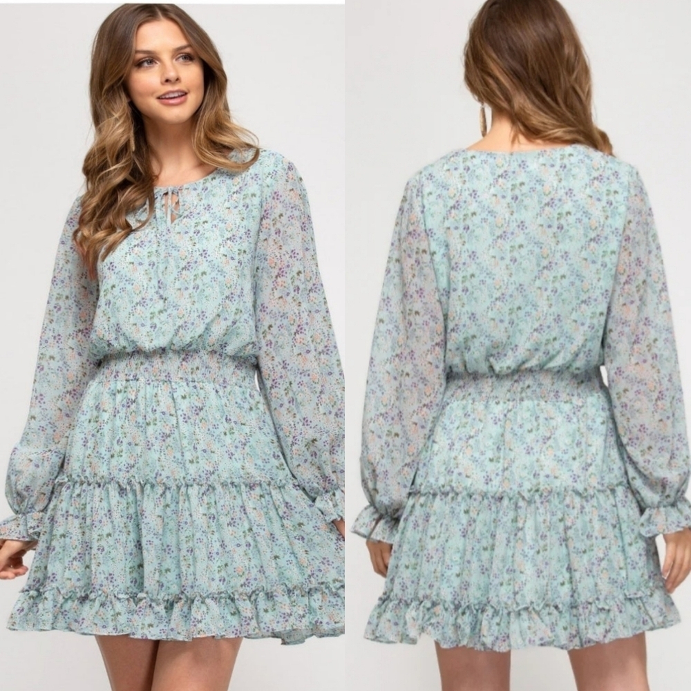 Lyn Burches Blue Purple Ditsy Floral Tie-Neck Shirred Waist Ruffled Mini Dress M